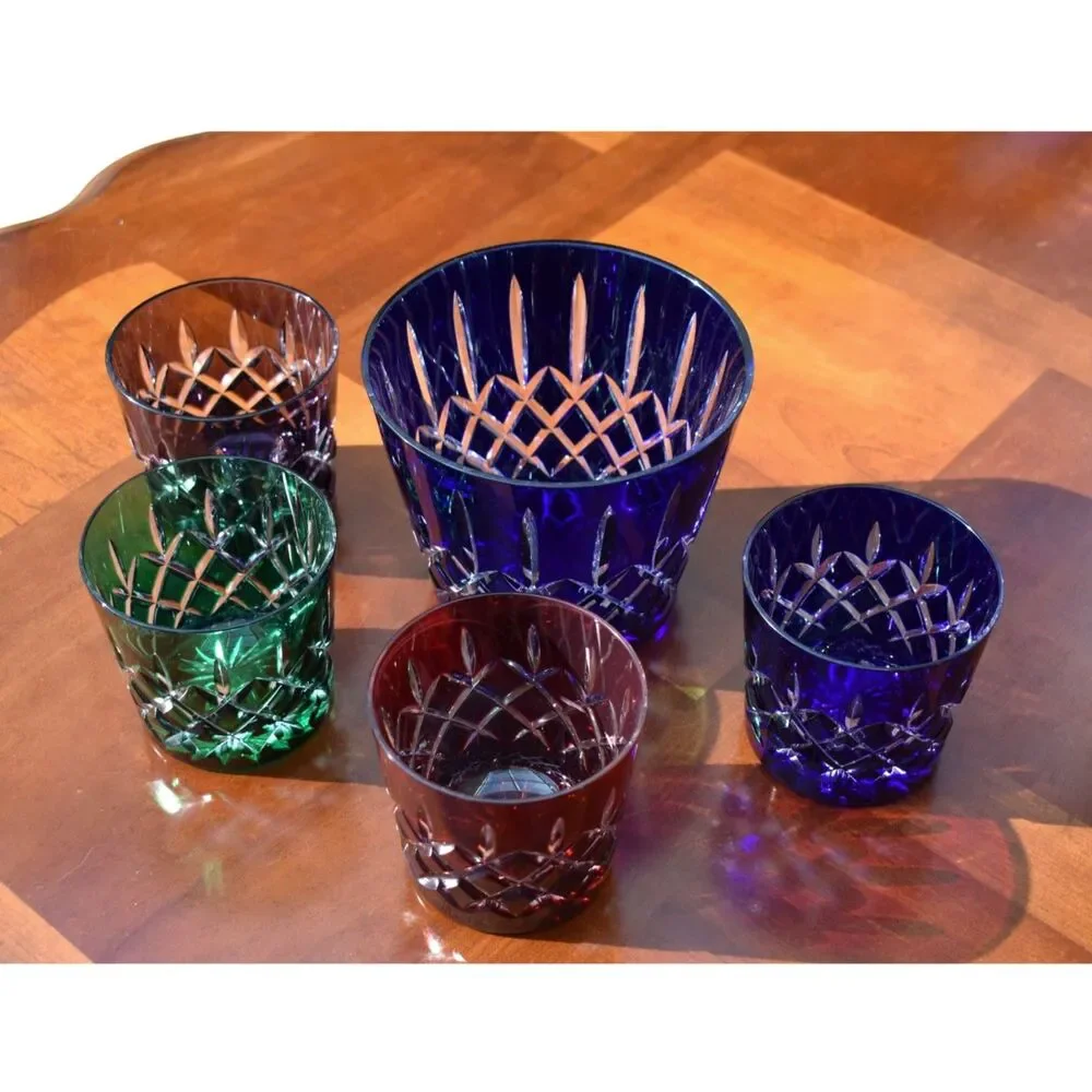 Vintage Set of AJKA Colored Crystal Old Fashioned Glasses with Ice Bucket